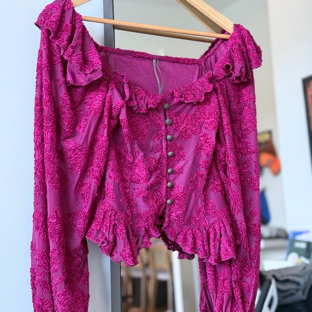 By Anthropologie Velvet Burnout Peasant Fuchsia Top